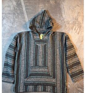 Iguana Jack Baja‎ Hoodie XL Grey Teal Striped Mexican Pullover Poncho